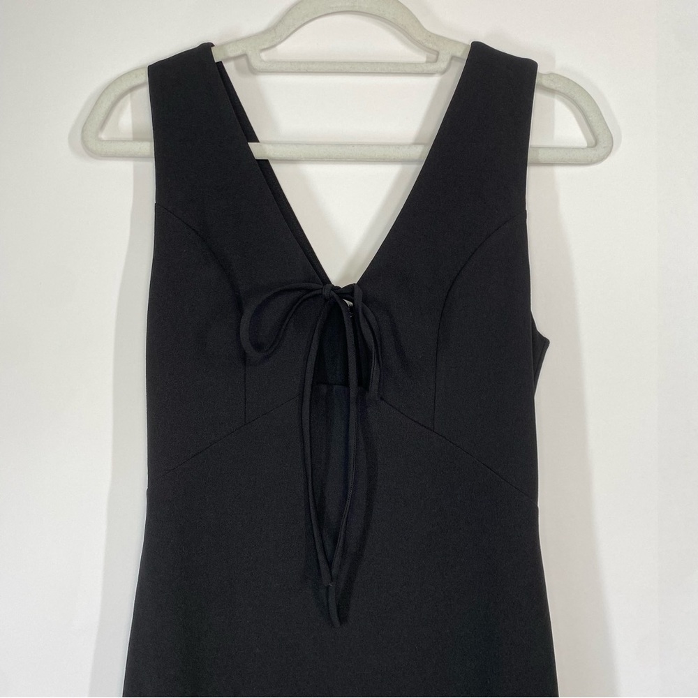 Krisa Black Tie Front V Neck Sleeveless Sheath Midi Dress XS Back Slit Career